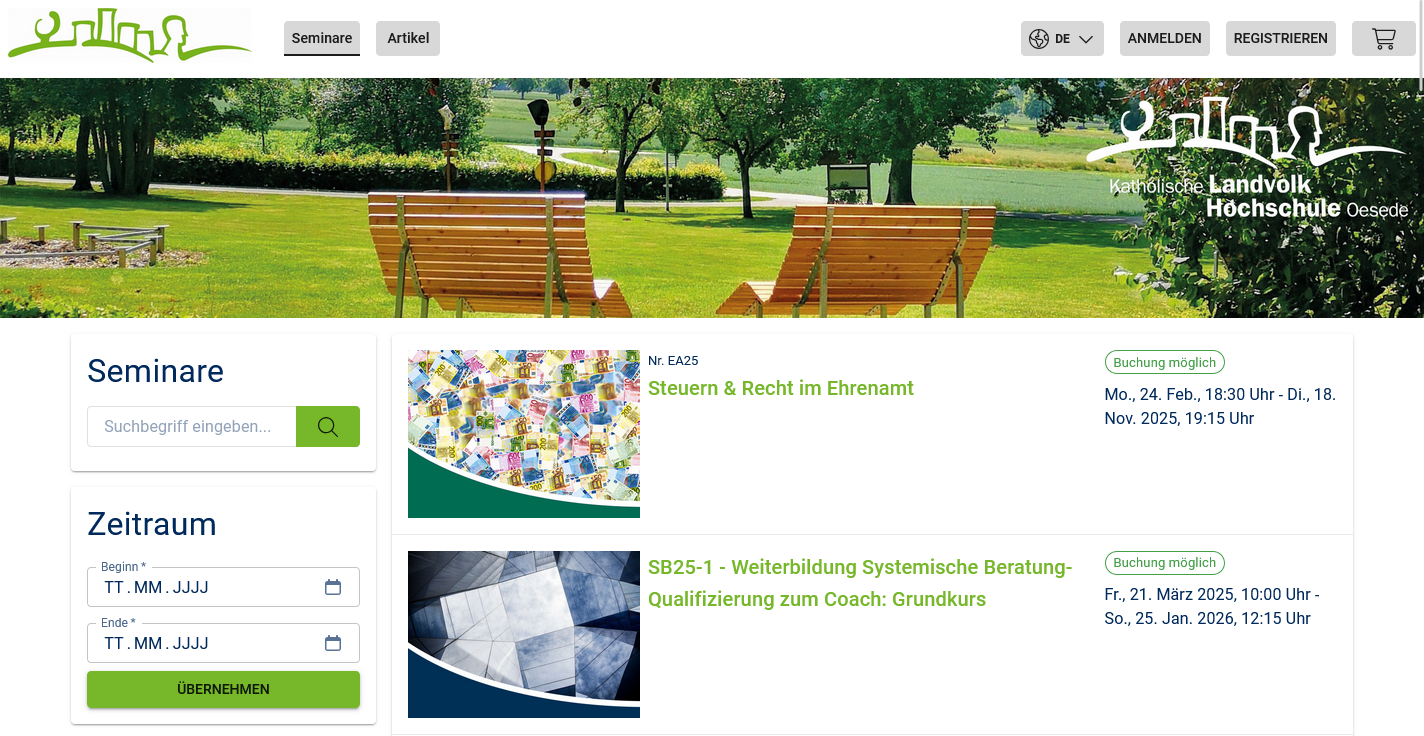 Seminare und Veranstaltungen der Katholischen LandvolkHochschule Oesede e. V. übersichtlich und strukturiert im Buchungsportal