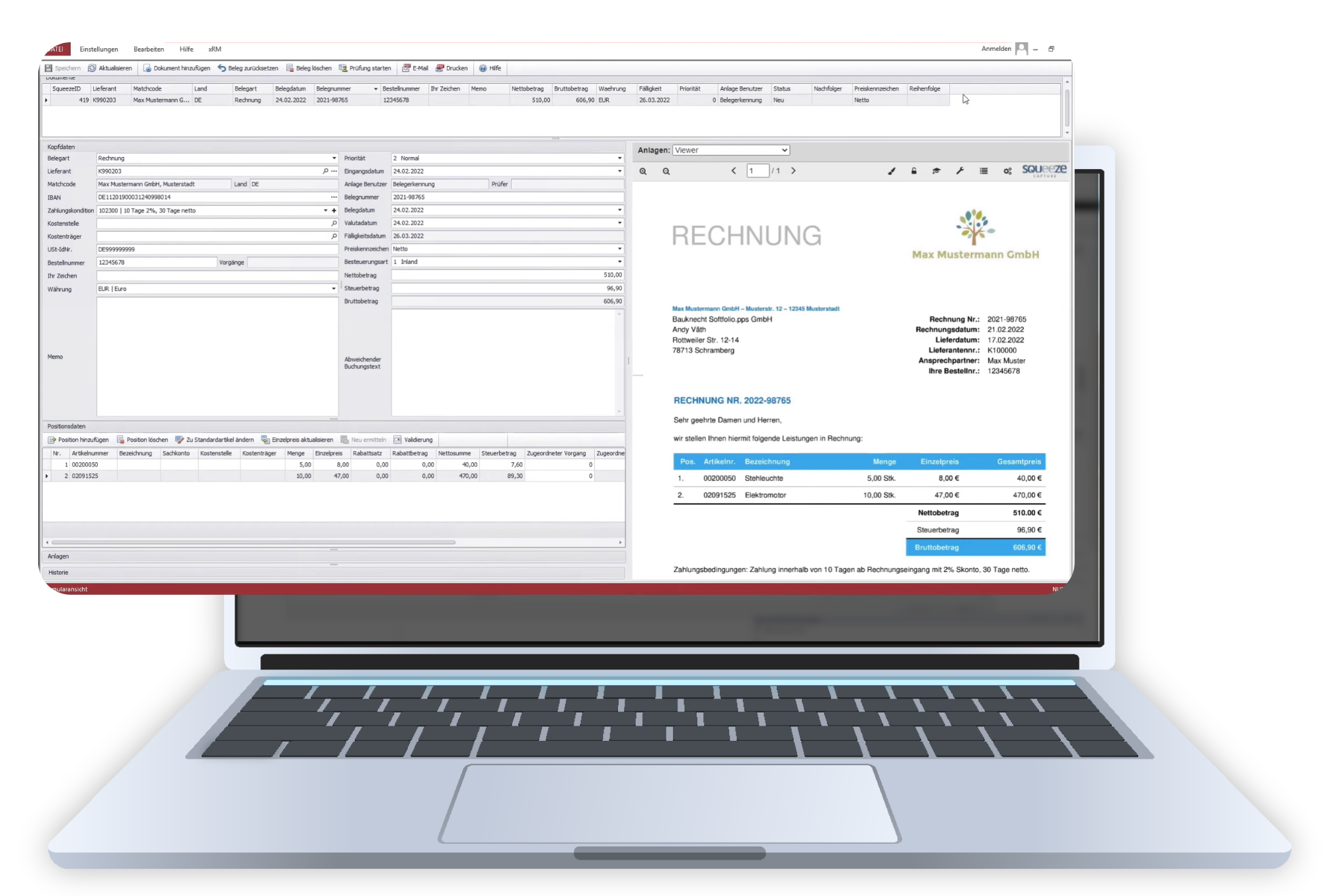 Laptop zeigt Sage-100-Benutzeroberfläche mit Rechnungsprüfung und E-Rechnung.