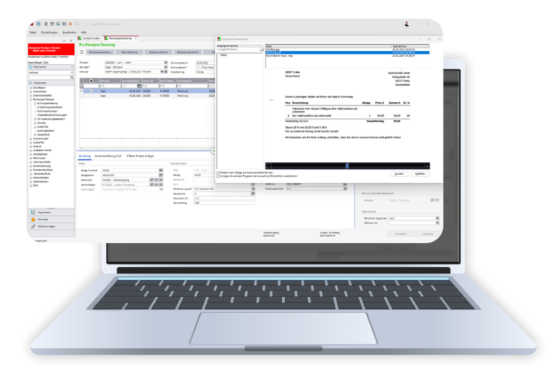 Benutzeroberfläche des Dokumentenmanagements in Sage100 auf einem Laptop.