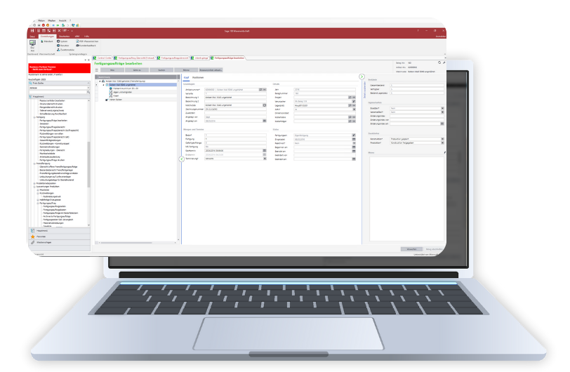 Laptop mit geöffneter Sage-100-Oberfläche zur Produktionsplanung.