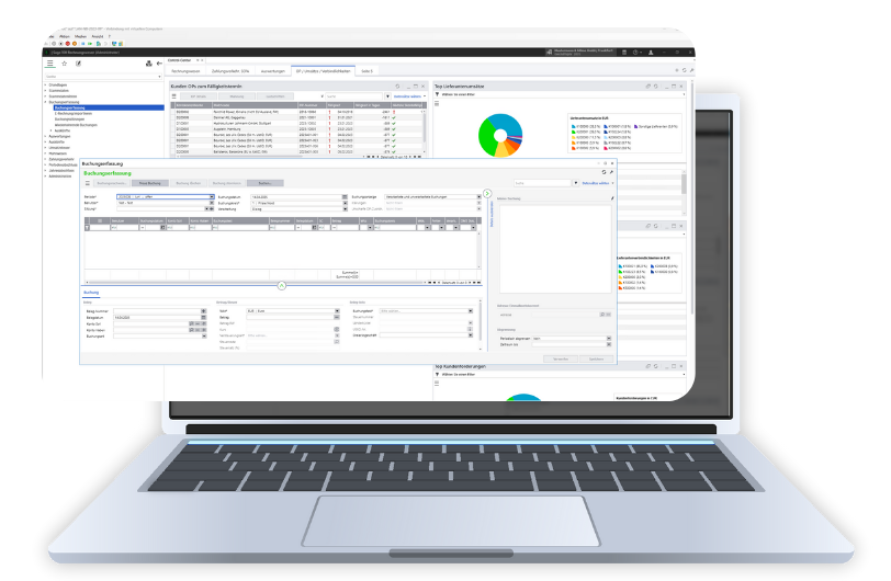 Benutzeroberfläche der Buchhaltung in Sage100 auf einem Laptop.