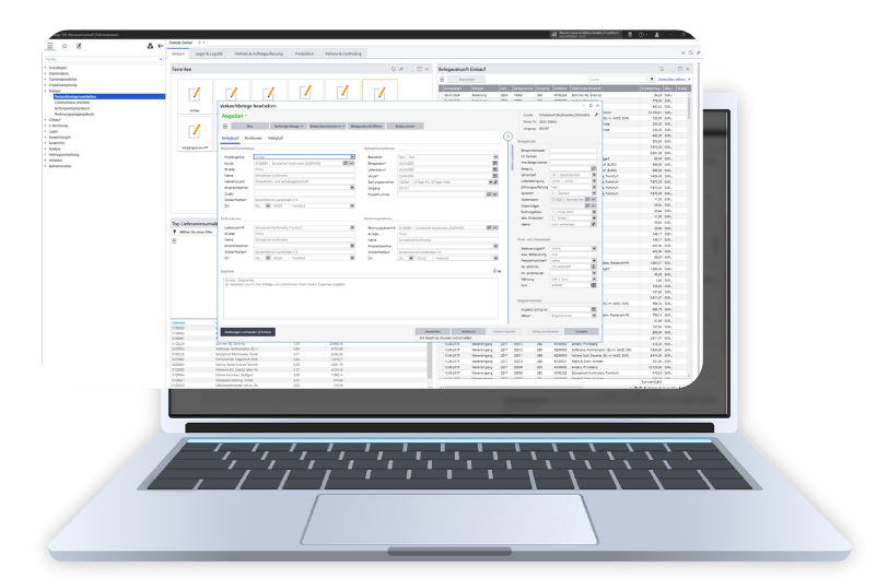 Laptop zeigt Benutzeroberfläche der Sage-100-Warenwirtschaft.