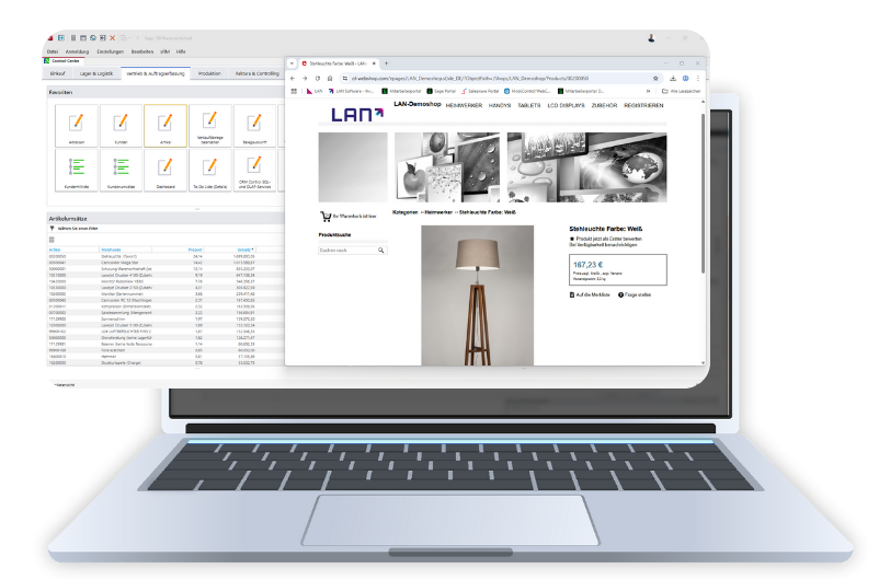 Benutzeroberfläche des Webshops in Sage100 auf einem Laptop.