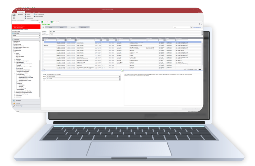 Benutzeroberfläche der Sage 100 XRM Software auf einem Laptop.