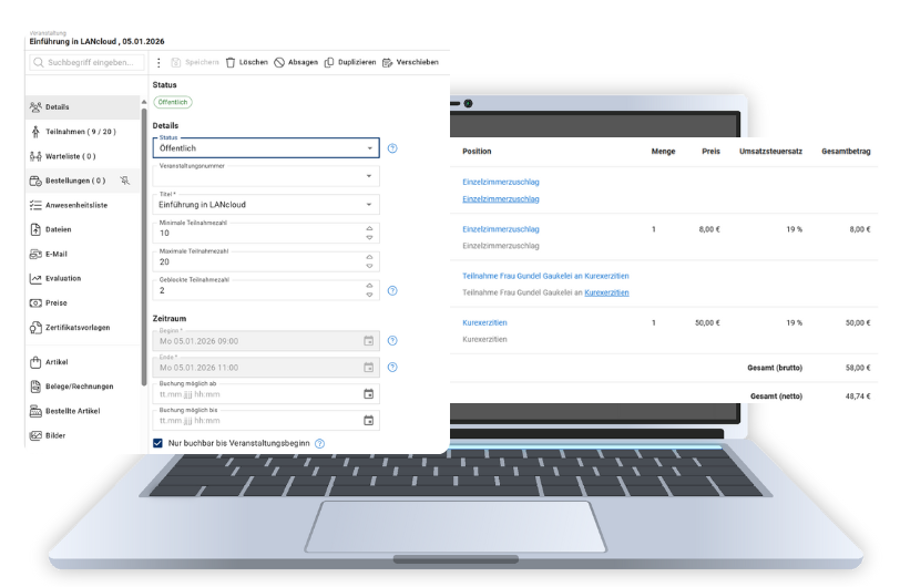Benutzeroberfläche der Seminarverwaltung in LANcloud mit Anmeldungen, Rechnungen und Veranstaltungsdetails