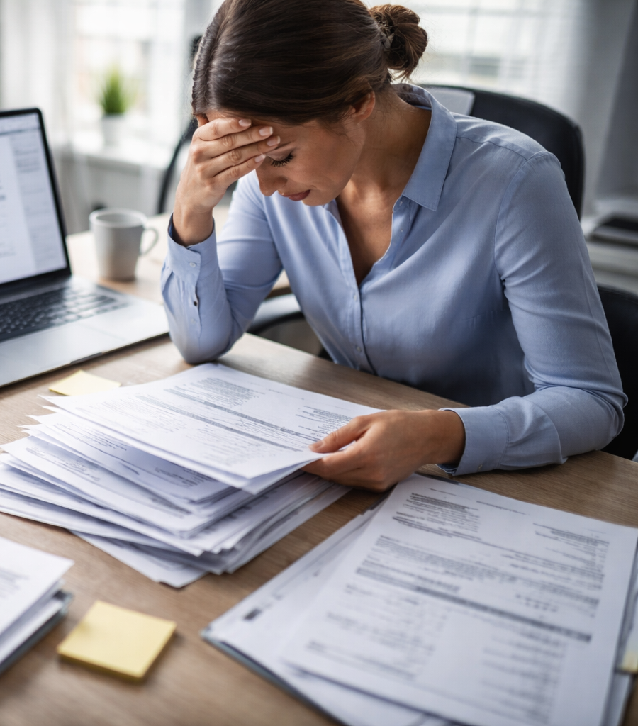 Frau sitzt an einem Schreibtisch mit Laptop und vielen Papierdokumenten und wirkt überfordert.