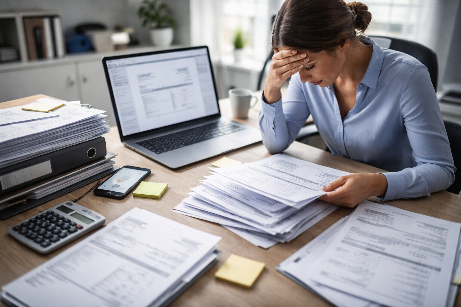 Frau sitzt an einem Schreibtisch mit Laptop und vielen Papierdokumenten und wirkt überfordert.