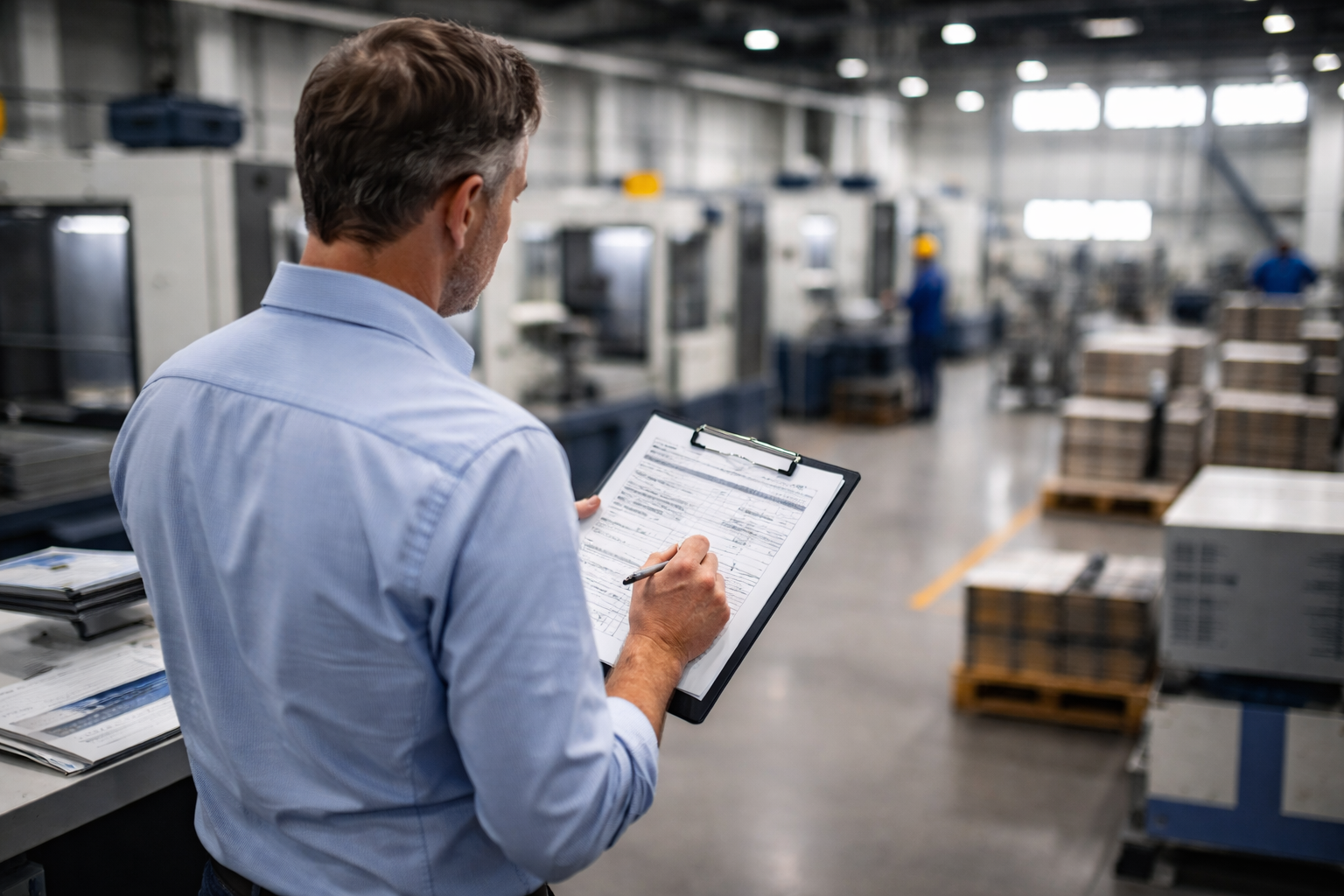 Mitarbeiter steht in einer Fertigungshalle und prüft Produktionsdaten auf einem Klemmbrett.
