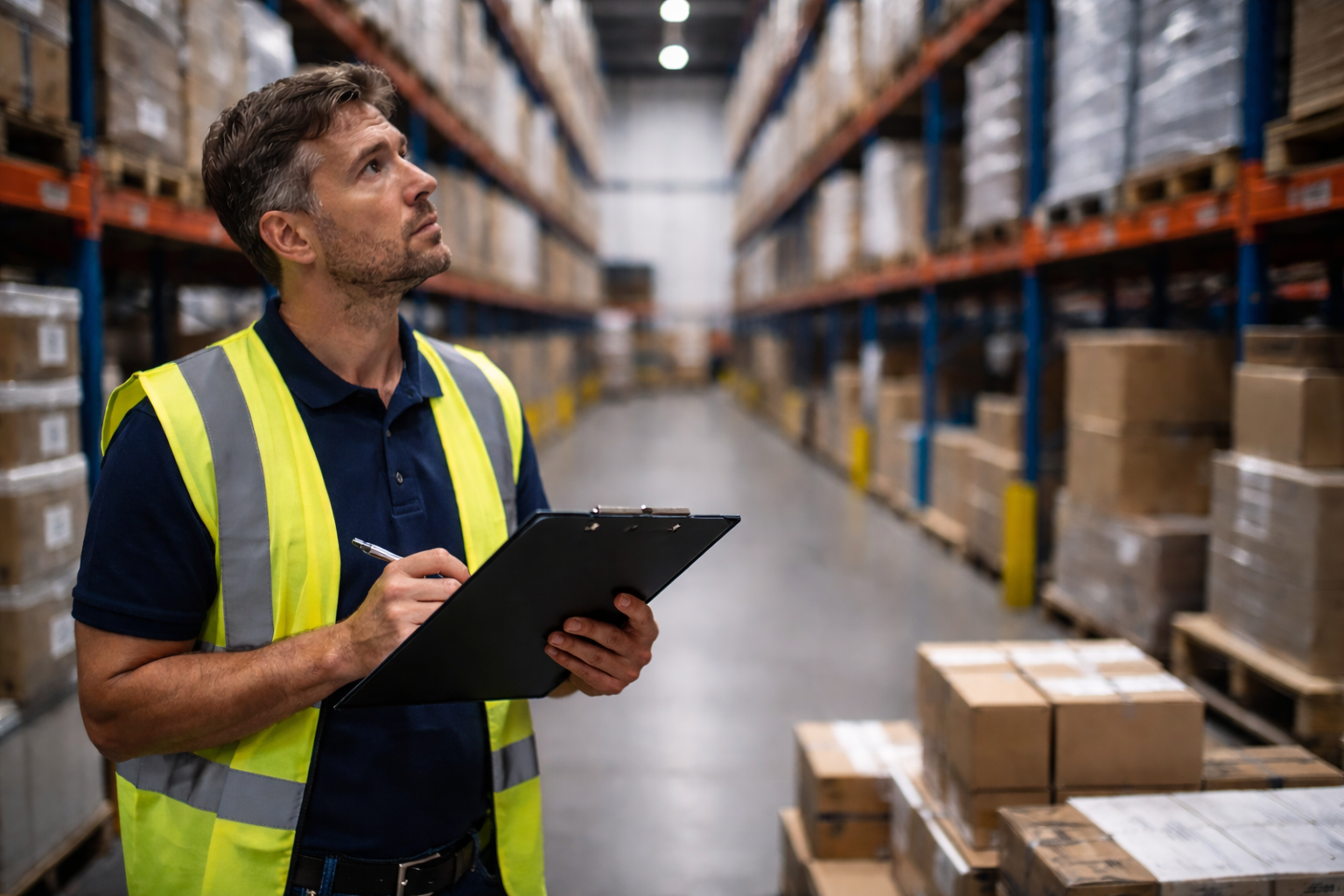 Ein Mitarbeiter für Lagerlogistik prüft den Lagerbestand manuell auf einem Klemmbrett. Er steht in einer großen Lagerhalle mit Regalen, links und rechts, die bis zur Decke reichen.