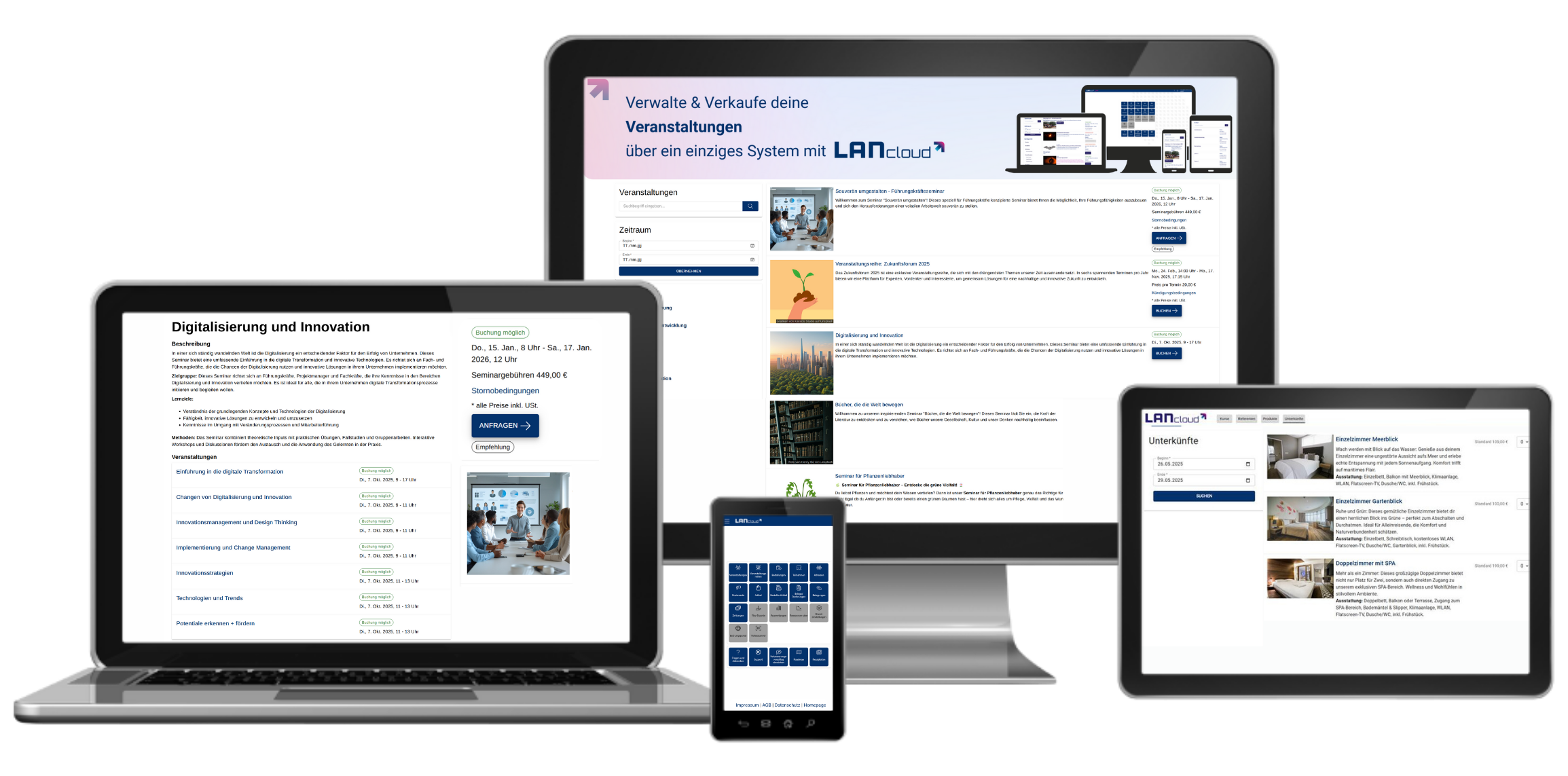 LANcloud Softwareoberfläche auf Desktop, Laptop, Tablet und Smartphone