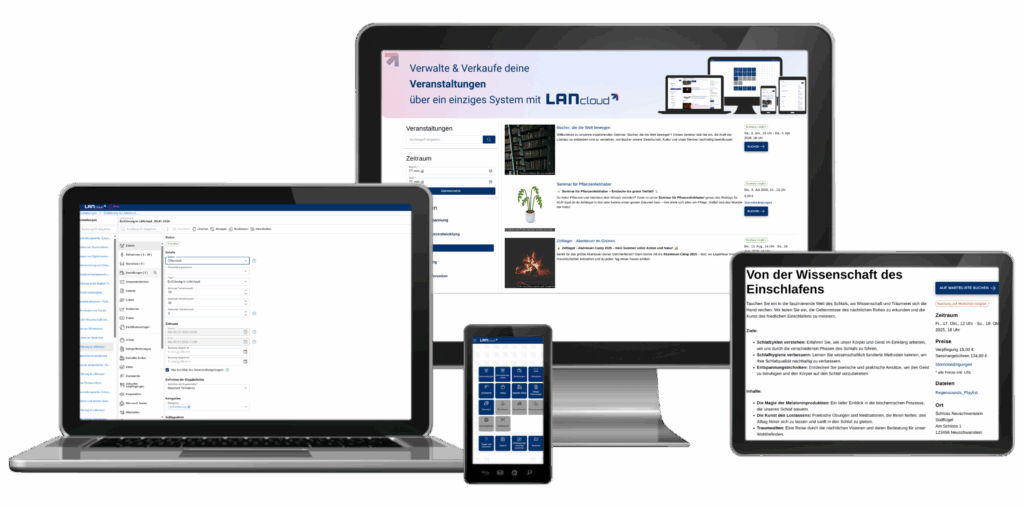 Online Seminarverwaltung in LANcloud - Softwareoberfläche auf Desktop, Laptop, Tablet und Smartphone