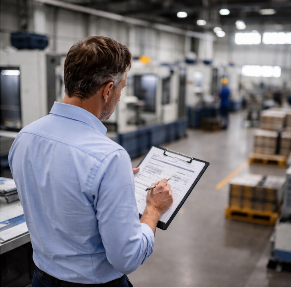 Mitarbeiter steht in einer Fertigungshalle und prüft Produktionsdaten auf einem Klemmbrett.