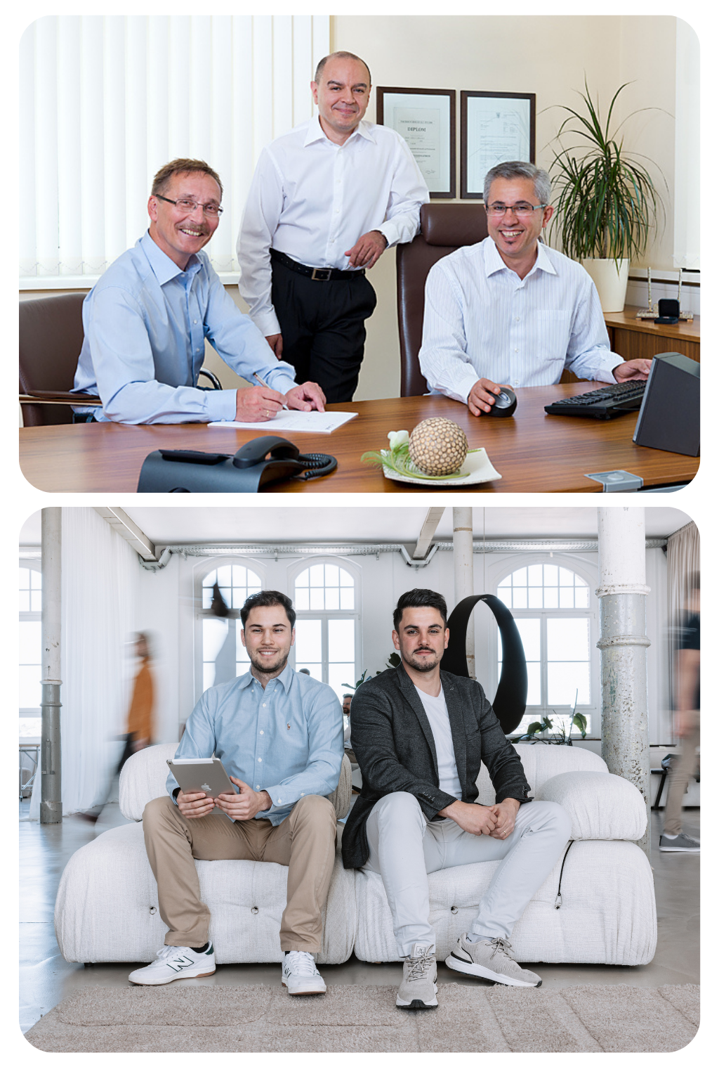 Zwei Fotos mit den drei Gründern und den beiden aktuellen Geschäftsführern der LANsoftware GmbH bei Gesprächen im Büro.